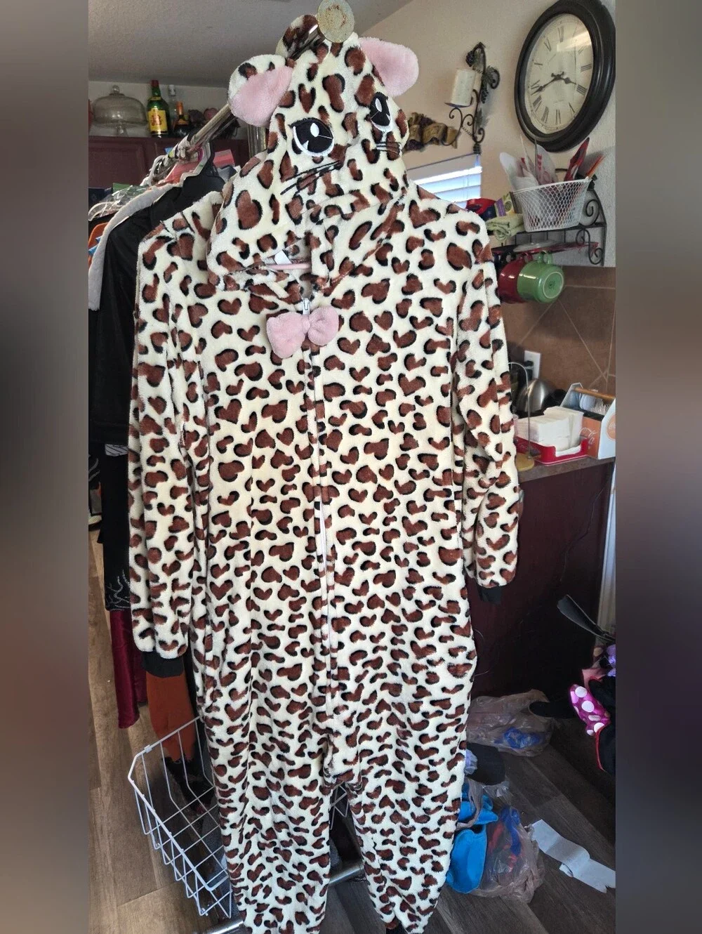 Leopard Print Kids Hooded Fleece Pajamas with Ears and Bow 14/16